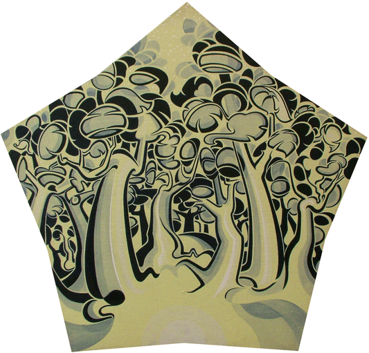 A pentagonal-shaped acrylic painting on linen titled "Starscape." The composition features a dense, stylized forest of towering trees with thick trunks and rounded, bulbous foliage rendered in high-contrast black, cream, and muted grey. The trees frame a central opening that reveals a pale, glowing sky at the top, speckled with delicate white dots to represent stars. The artwork is defined by bold, flowing outlines and organic shapes, with the natural, woven texture of the linen fabric visible throughout th