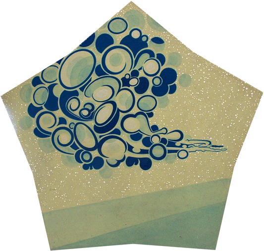 A pentagonal-shaped acrylic painting on linen titled "Supergirl." The artwork features a highly stylized, abstract blue cloud or energy trail composed of overlapping circles, swirls, and organic "bubble" shapes. This central blue form appears to be streaking across a pale, cream-colored sky speckled with fine white dots, suggesting stars or atmospheric glitter. The bottom of the star-shaped canvas consists of broad, horizontal bands of muted teal and grey, with the natural, woven texture of the linen fabric