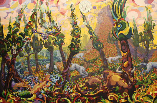 A wide-angle view of a large-scale acrylic painting on linen titled "Third." The scene is a lush, surreal forest populated by mythological creatures including centaurs, minotaurs, and mermaids. Stylized trees with swirling patterns frame a chaotic chase through colorful autumn-toned foliage under a golden sky with a pale moon.