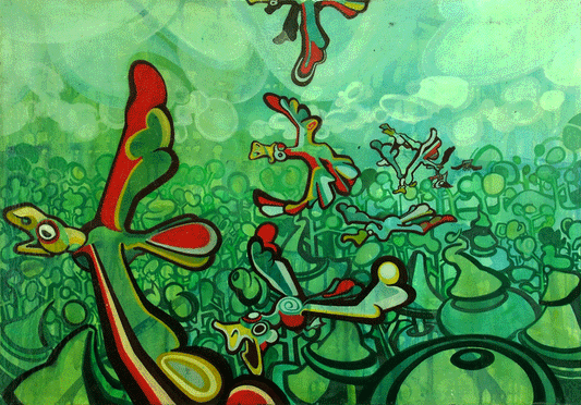 An acrylic painting on canvas titled "Tree Birds (Original)," featuring several whimsical, multi-colored birds with elongated, wing-like bodies in shades of green, red, and yellow. The birds appear to be flying through or perched within a dense, dreamlike forest of stylized green tree forms and circular foliage. The scene is set against a soft, atmospheric background of pale teal and mint green with swirling, translucent cloud patterns, all rendered with bold black outlines and organic, rhythmic shapes.