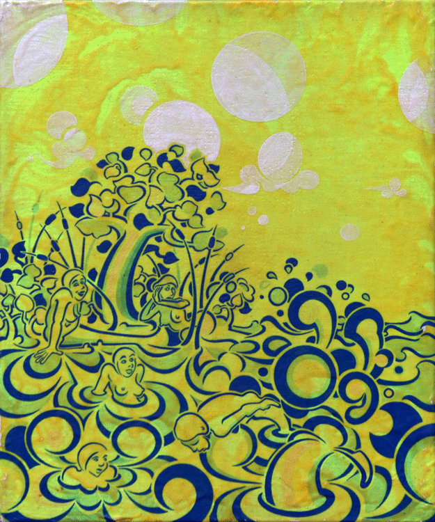 An acrylic painting on linen titled "Yellow Mermaids," featuring a group of stylized figures swimming and lounging in a vibrant sea of swirling blue and yellow waves. To the left, a figure rests near a small, stylized tree and reeds, while others are immersed in rhythmic, circular water patterns. The upper half of the composition consists of a luminous, textured yellow sky filled with large, translucent white circular shapes and small, floating cloud motifs. The entire scene is rendered with bold blue outli