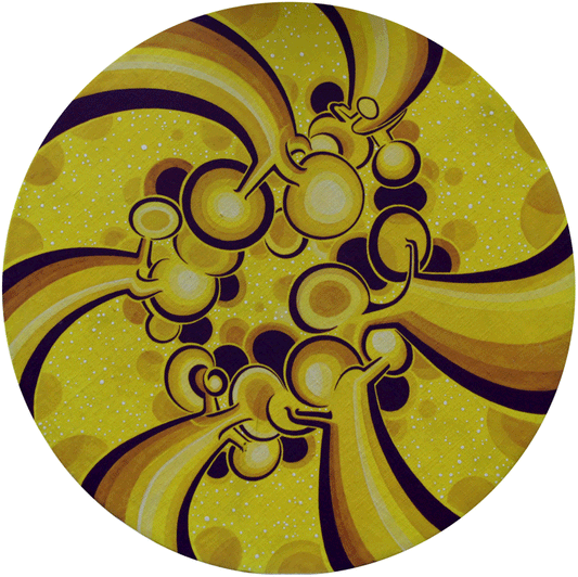 A circular acrylic painting on a linen panel titled "Yellow Up Trees," featuring a kaleidoscopic worm's-eye view looking upward. Four stylized tree trunks with thick, dark purple and golden-brown stripes curve inward toward the center of the circle. The canopy is composed of clusters of golden-yellow spheres and circles set against a vibrant yellow background speckled with small white dots, emphasizing the woven texture of the linen.